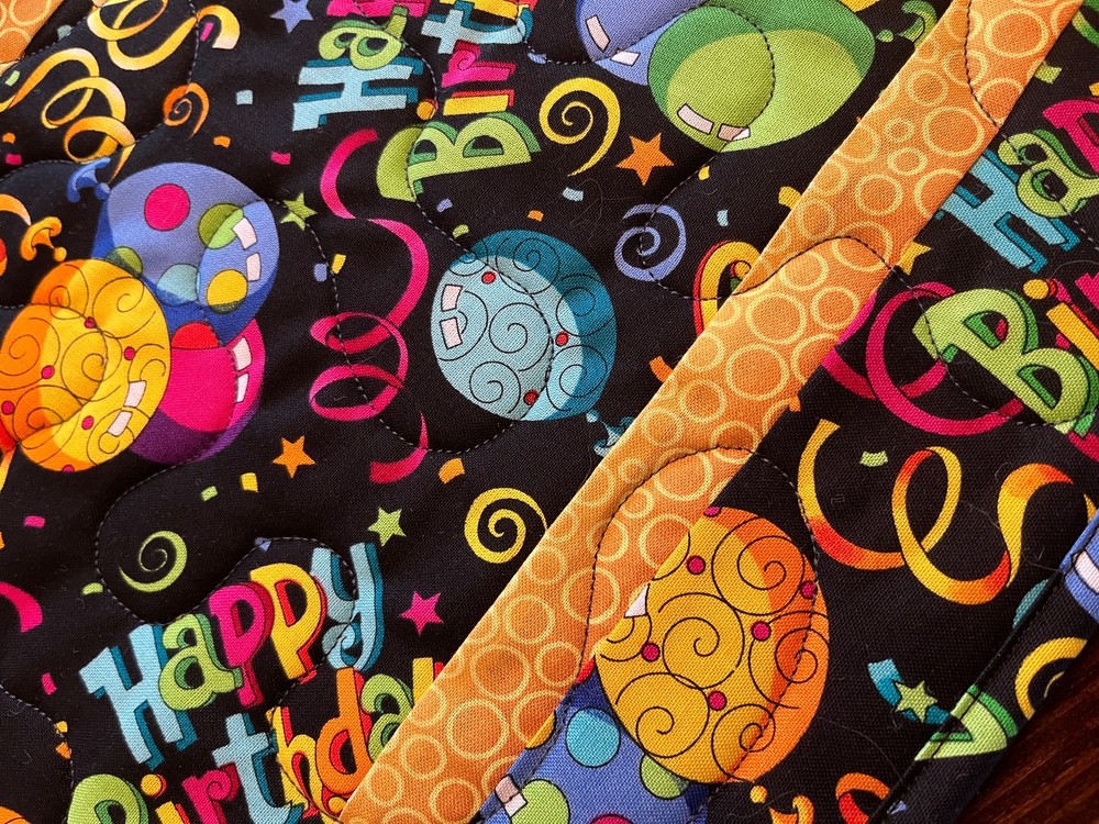 Handcrafted-Quilted Table Runner-HappyBirthday-Balloons, Multi-Colored, Yellow