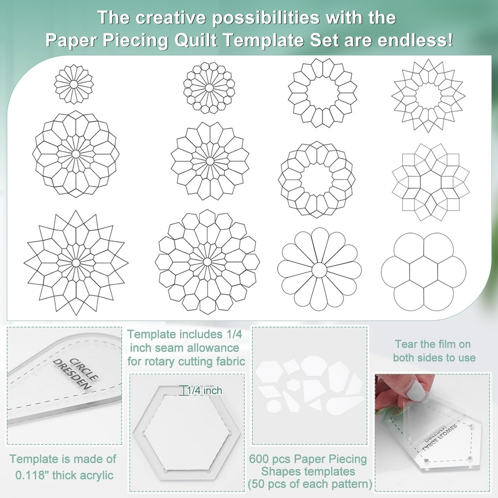 612 Pcs Patchwork Paper Piecing Supplies 12 Shapes Acrylic Patchwork Template...