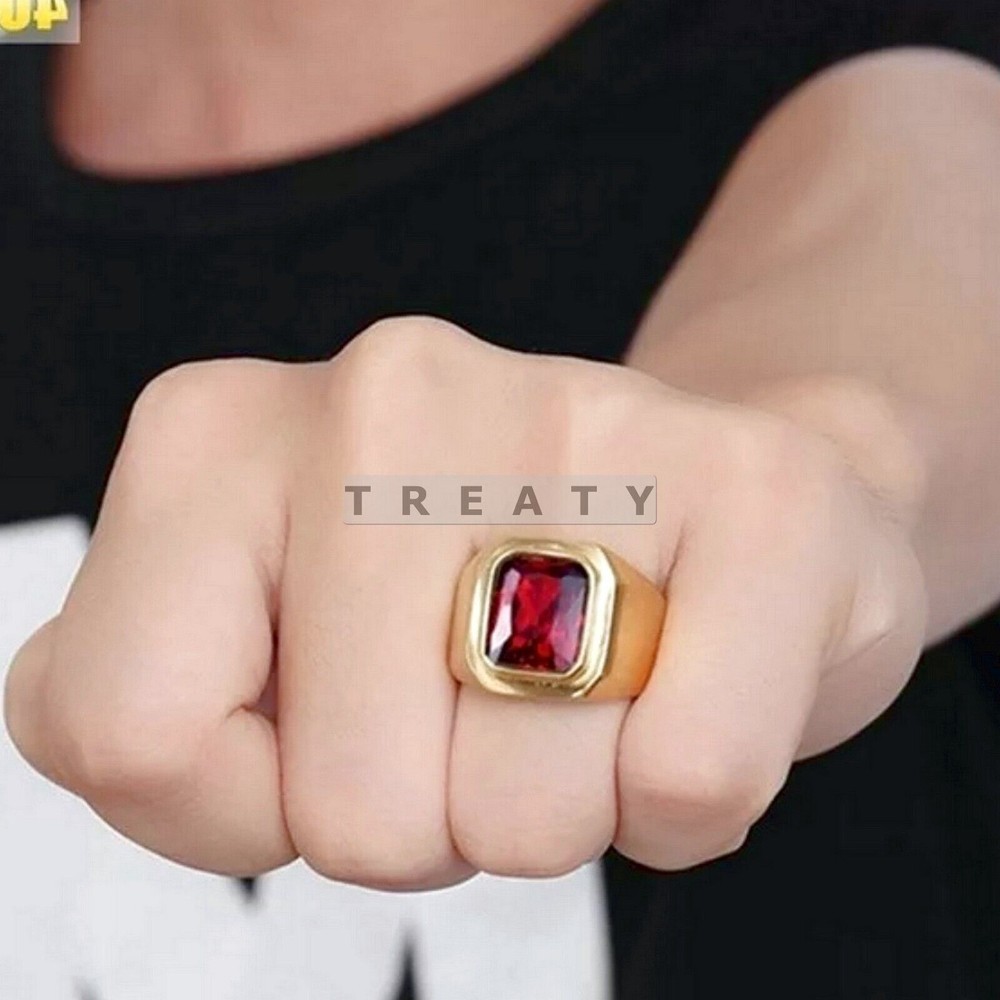 Garnet Emerald Cut With 14K Solid Yellow Gold Ring For Men's #70