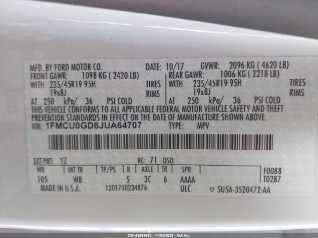 LEFT REAR DOOR WINDOW REGULATOR OEM 2017 FORD ESCAPE