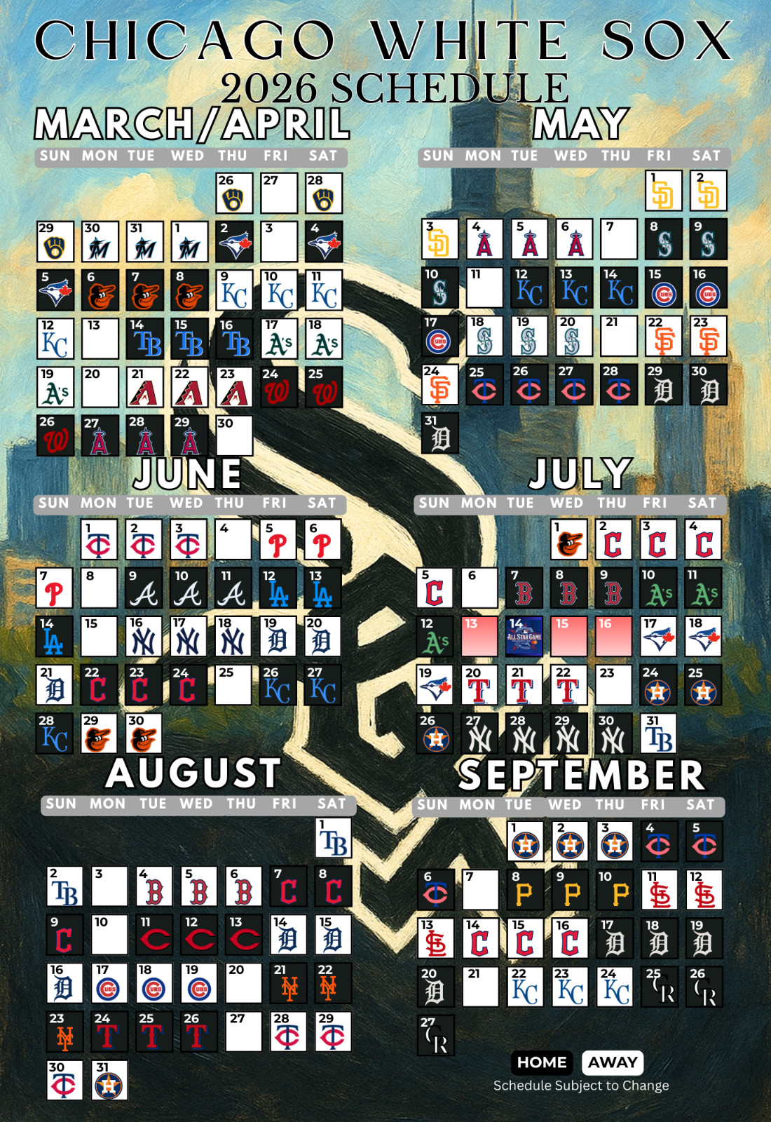 2026 Major League Baseball Team Schedule Magnets 4" X 6" (Choose Your Team)