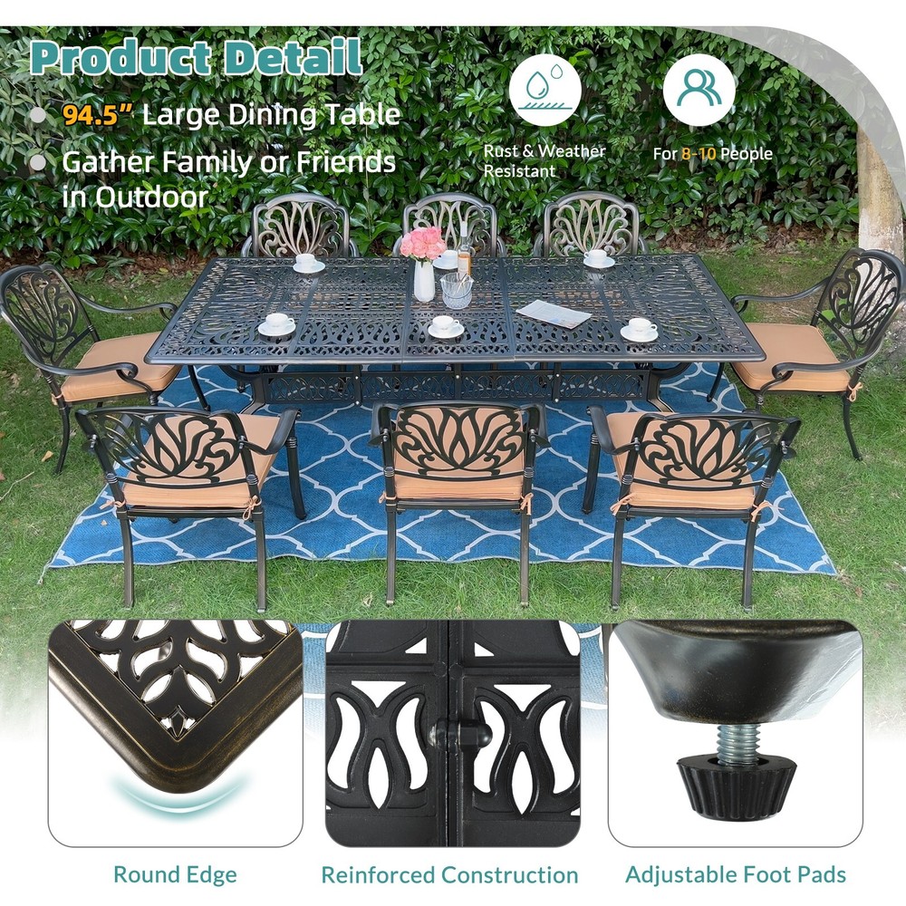 Large Patio Dining Table Outdoor Cast Aluminum Rectangular Table for 8-10 Person