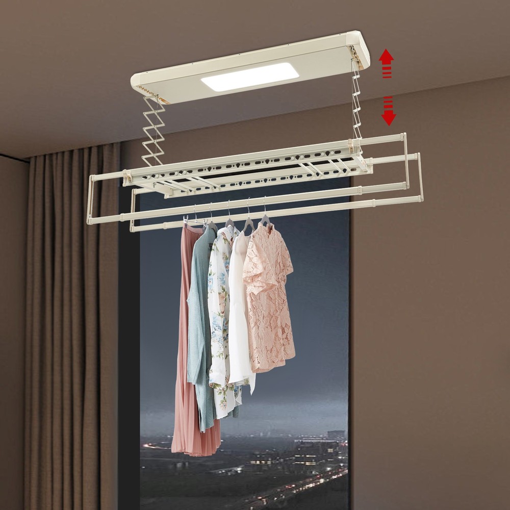 Electric Retractable Airing Rack Clothes Drying Rack W/ Remote Control & Light