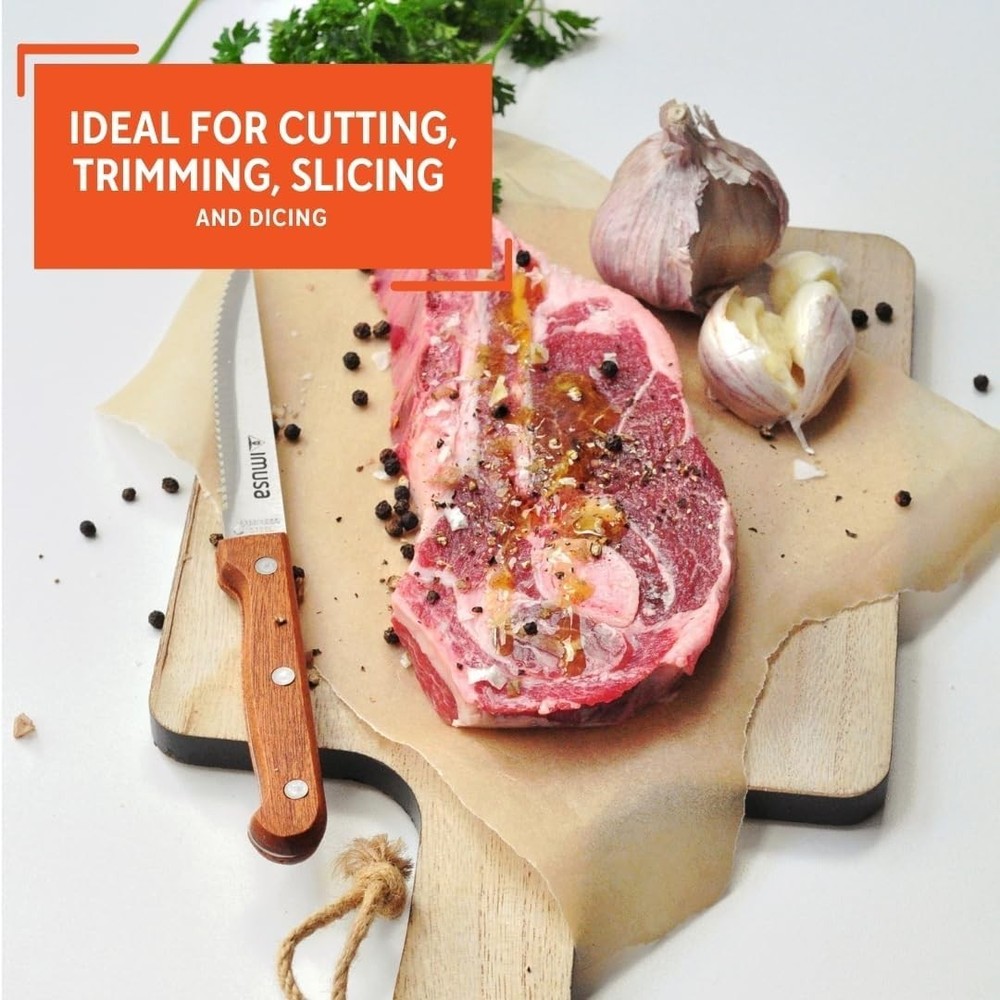 Experience Precision: 4pc Serrated Steak Knife Set with Rustic Wood Handles