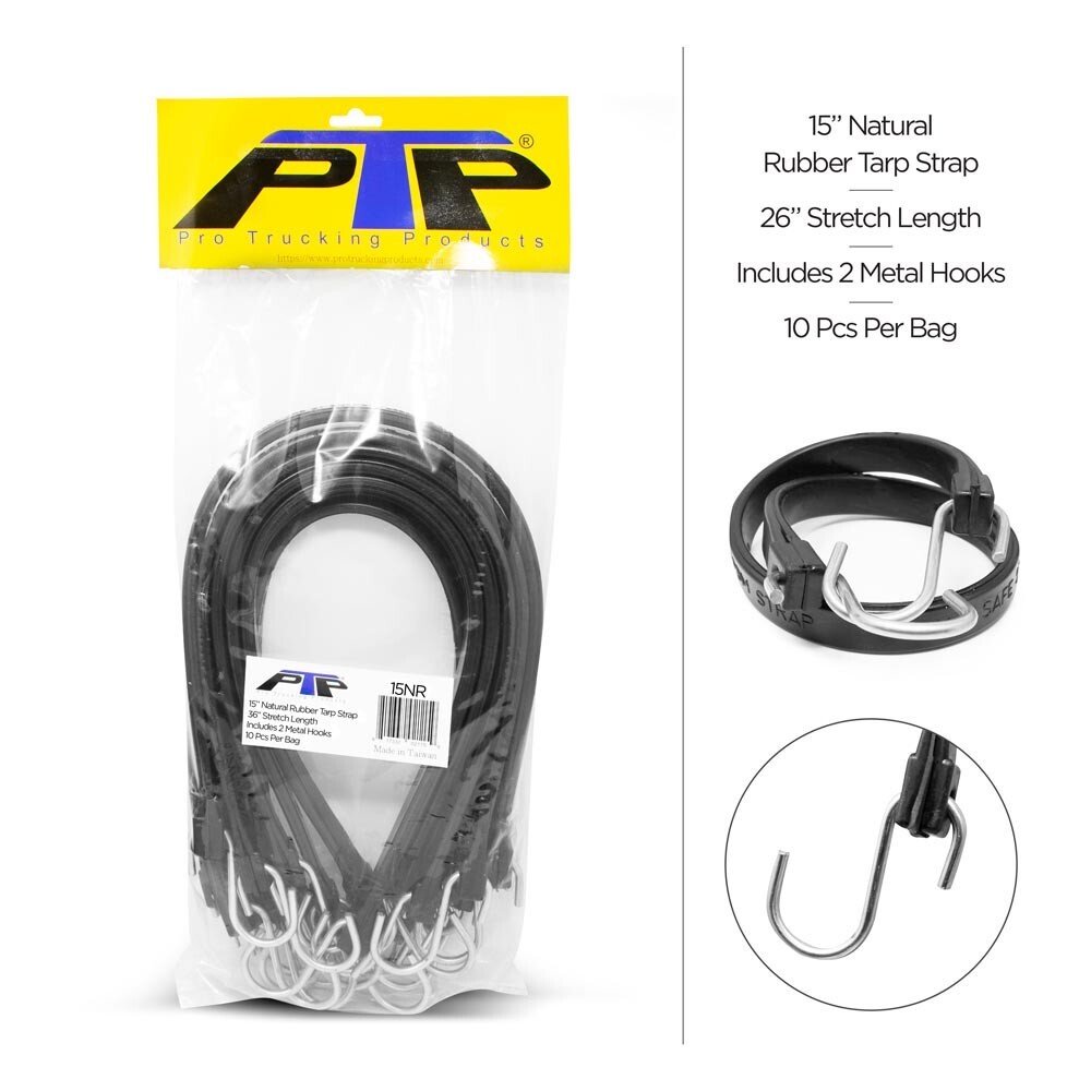 (50) 15" Natural Rubber Tie Down Strap Bungee Cords With S Hooks