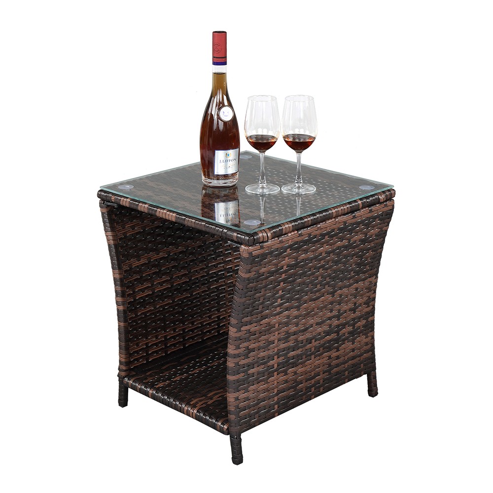 Glass Surface Brown Gradient Iron Frame Rattan Side Table,free ship