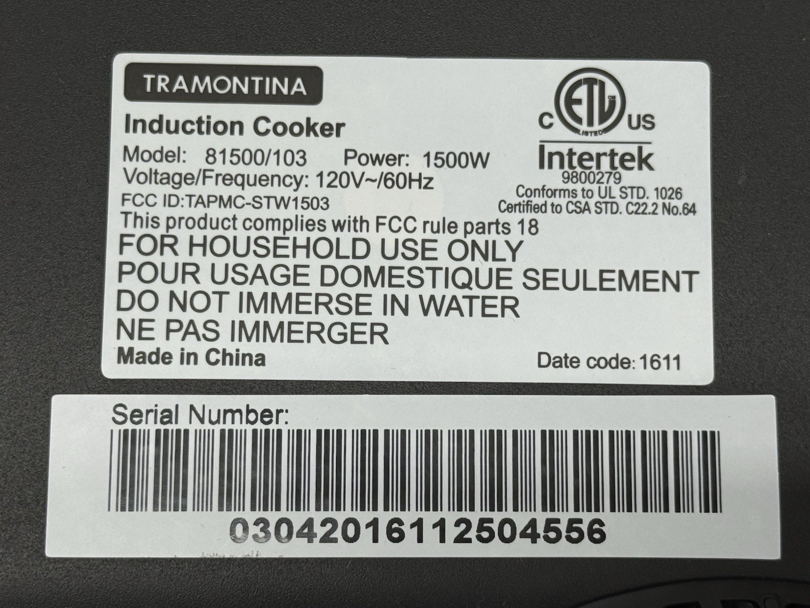 Tramontina Induction Cooktop 81500/103 Intertek Portable Temp Control