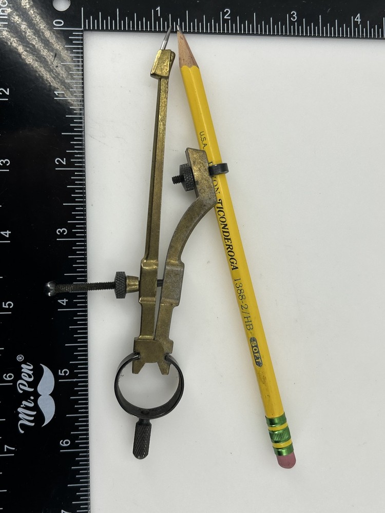 Vintage Brass Bow Compass Drafting Tool with Pencil Holder