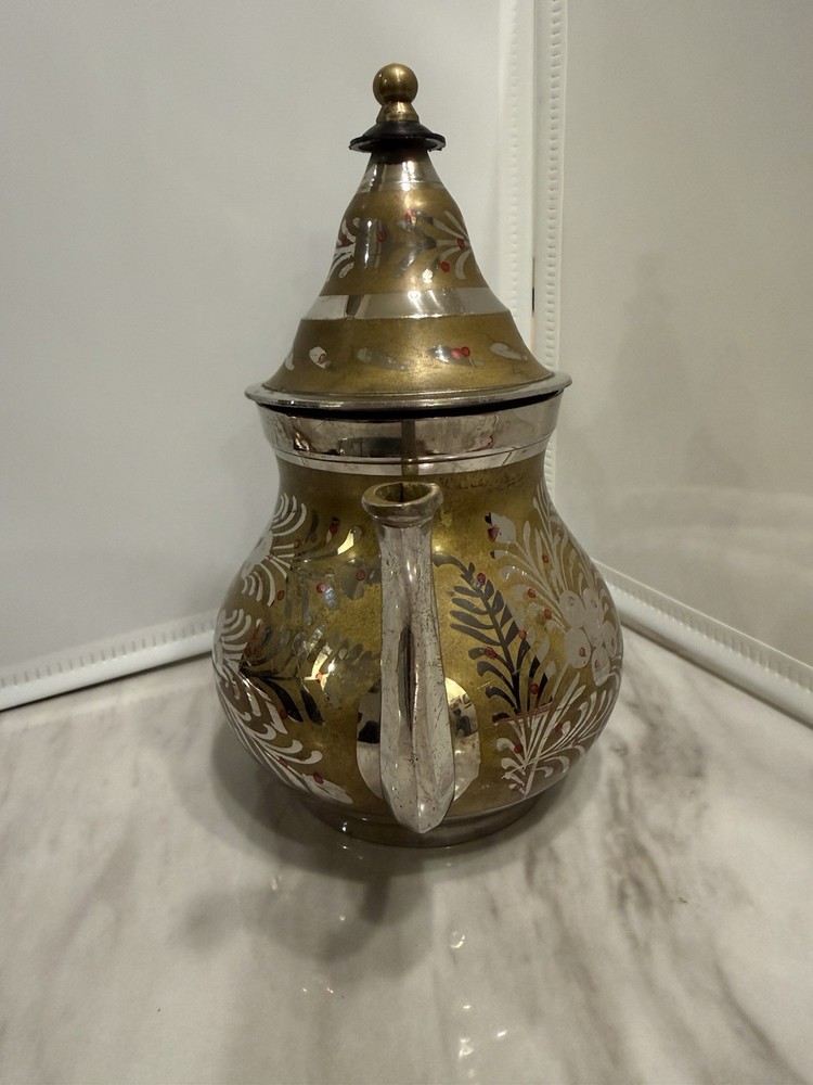 Vintage Tea Pot Small Middle Eastern Brass & Silver Plate