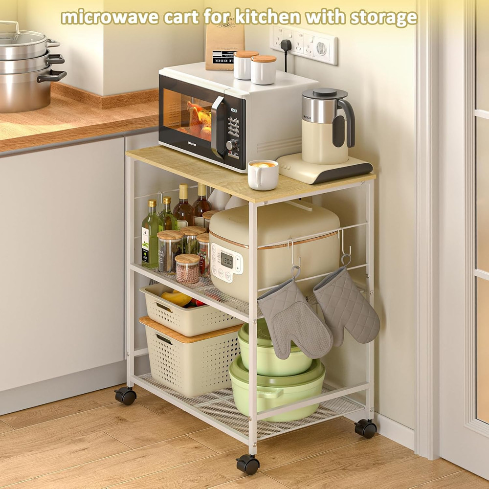 Rolling Kitchen Microwave Cart, 3 Tier Microwave Table Stand with Storage, Kitch
