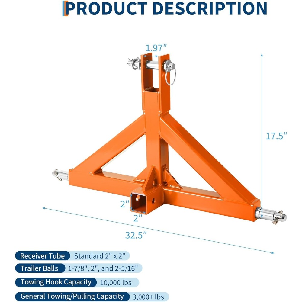 Quick Hitch System for Tractors: 3-Point Category 1 with 2" Receiver Ball Mount