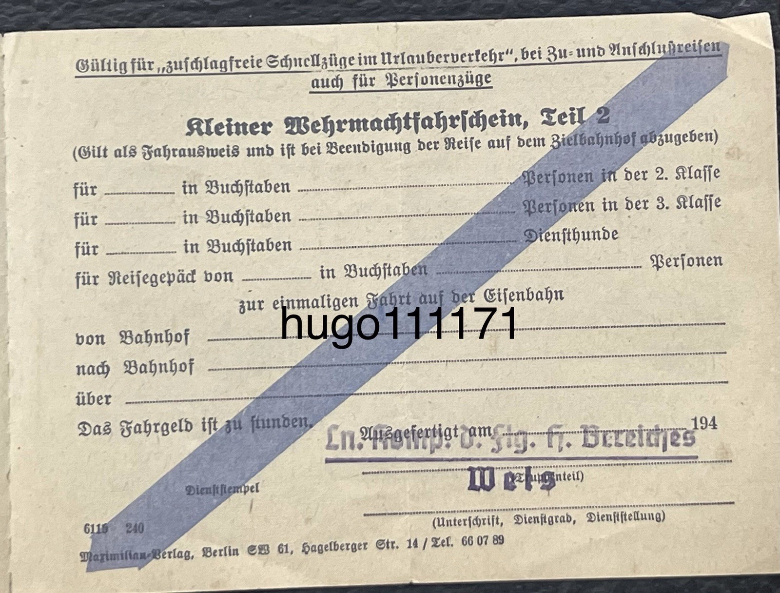 One German ww2 Dokument Wehrmachtfahrschein Official railway travel document