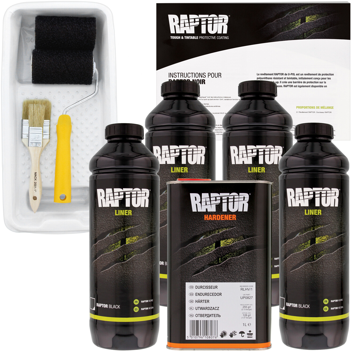 U-POL Raptor Black Urethane Spray-On Truck Bed Liner Kit w/Roller Kit, 4 Liters