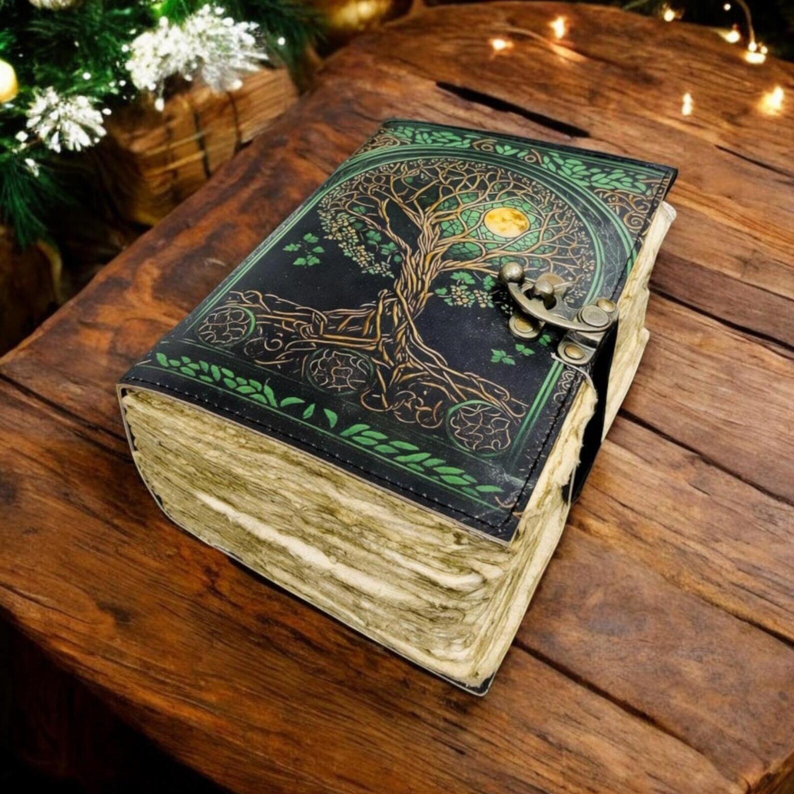 400 Page Large Grimoire Vintage leather journal, Tree of Life Fat Journal.