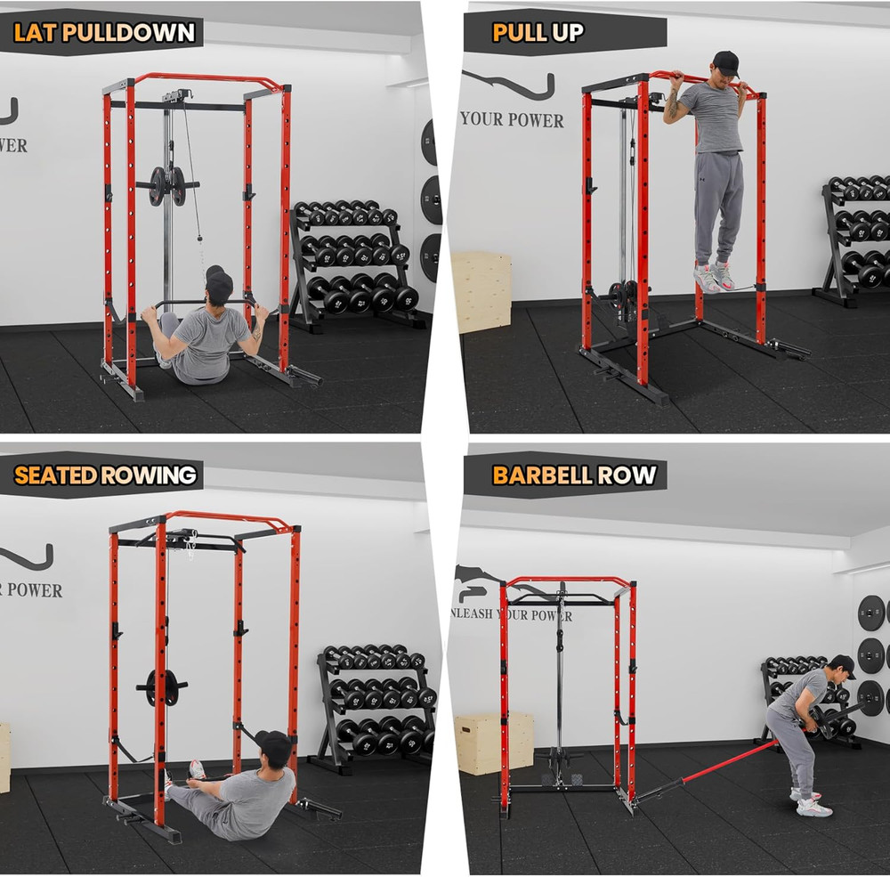 Power Cage, Multi-Function Squat Rack with LAT Pulldown, 1600 LBS Weight Capacit