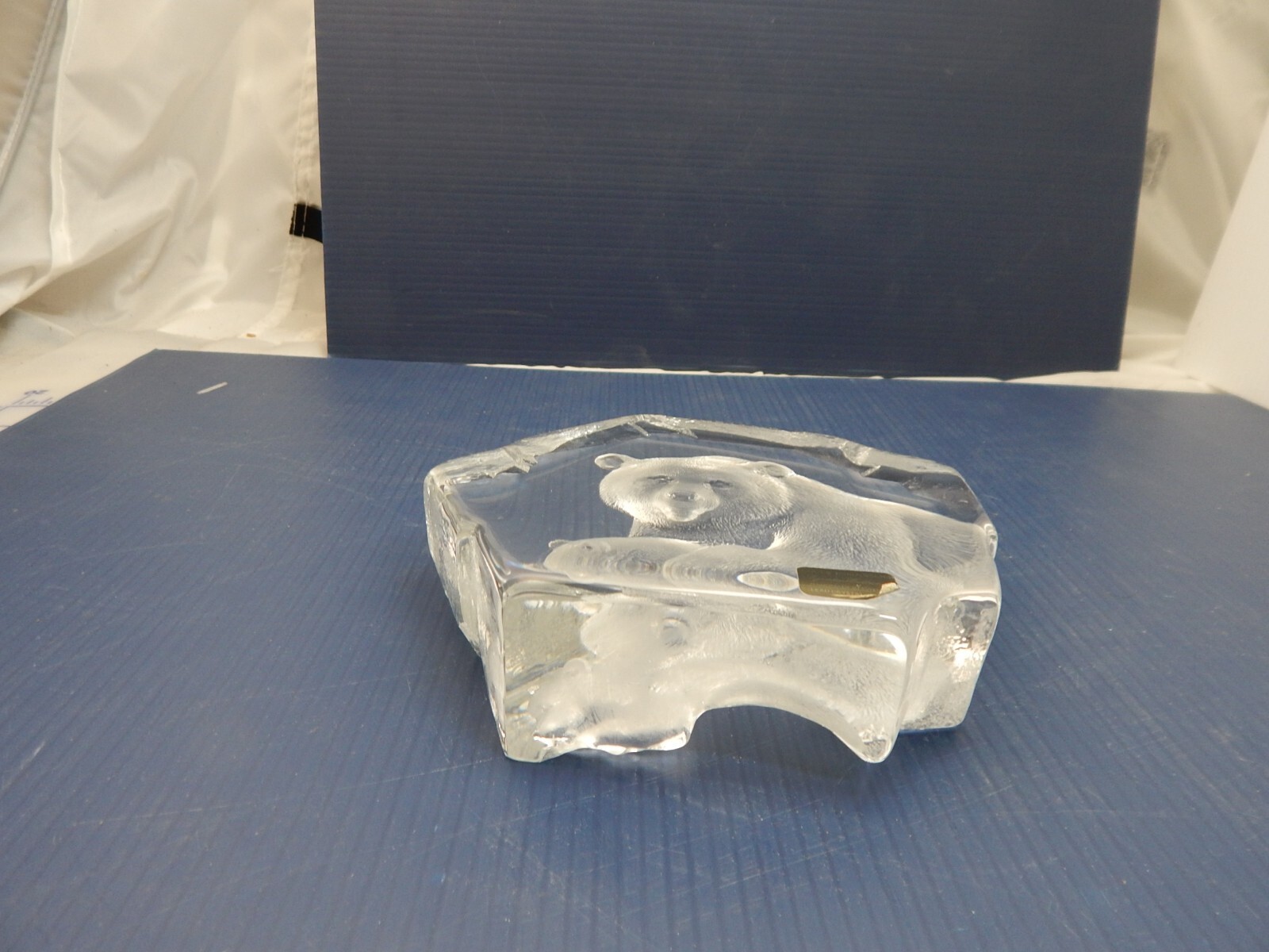 MATS JONASSON LEAD CRYSTAL SCULPTURE, BEAR AND CUB, RARE ONE, SIGNED