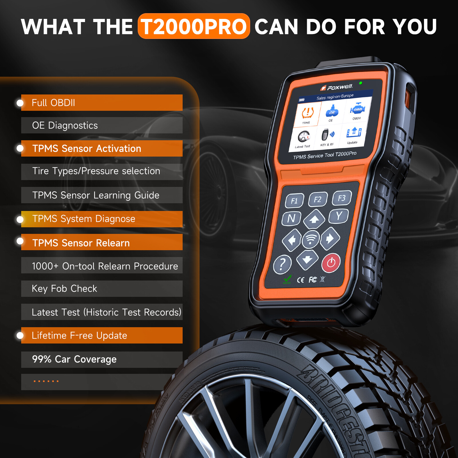 Foxwell T2000 PRO TPMS Programming Tool TPMS Relearn Reset OBD2 DTC Code Reader