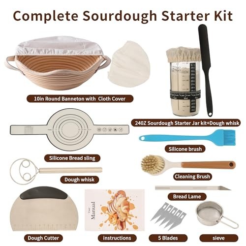 Complete Sourdough Starter Kit - Banneton Basket, Dough Scraper & Bread Baking S