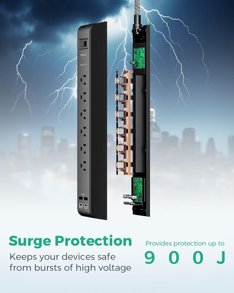 2 Pack Surge Protector Power Strip – 6 Outlets + 4 USB (USB-C), Flat Plug, 5FT C