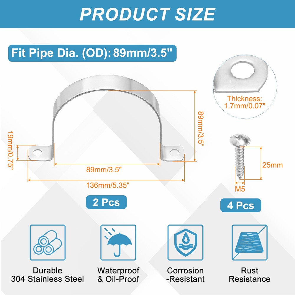 2Pcs 89mm(3-1/2") Two Hole Rigid Pipe Strap with Screws, Silver