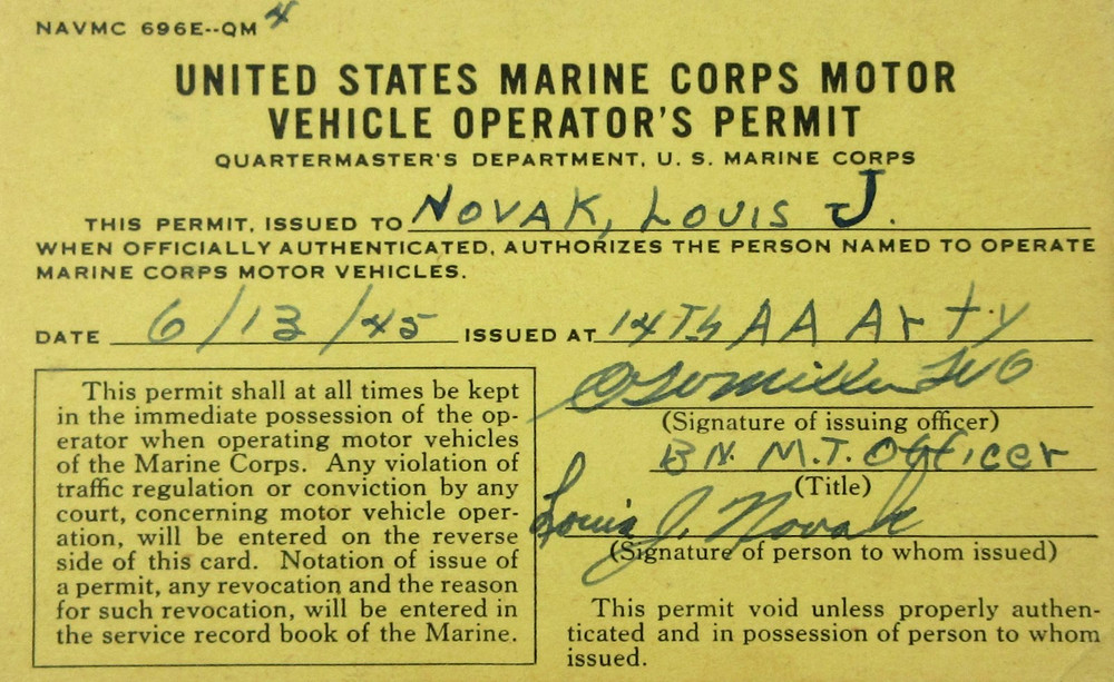WWII USMC Marine Corps Vehicle Operators Permit and Camp Elliott Pass 1943-45