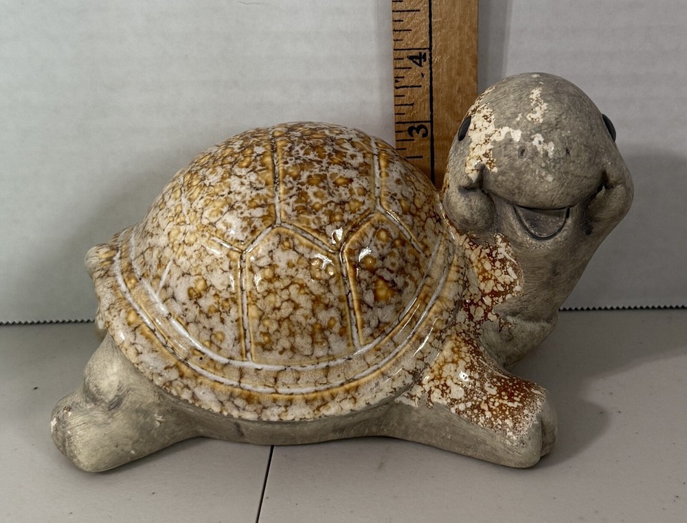 Ceramic Turtle Tortoise Figurine With Glazed Marbled Shell Clay Head Up