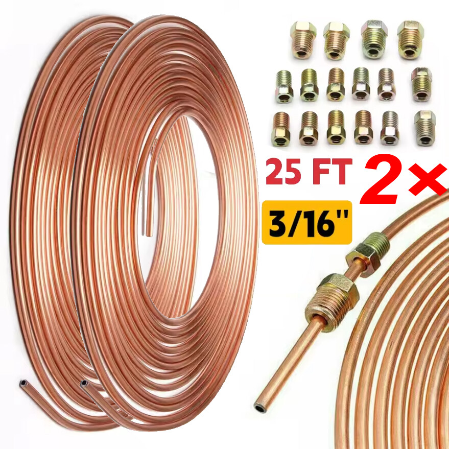 2× Copper Nickel Brake Line Tubing Kit 3/16″  OD 25FT Coil Roll All Size Fitting