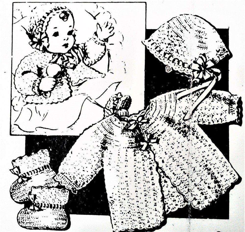 2285  PRECIOUS SHELL STITCH BABY Booties & jacket Pattern Crochet (Reproduction)