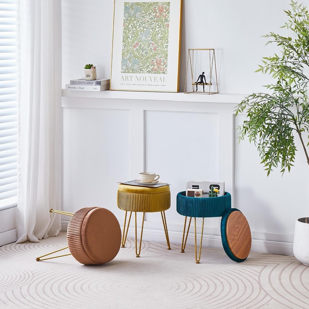 Velvet Foot Rest Stool Multipurpose Dressing Stools Upholstered Round Storage...