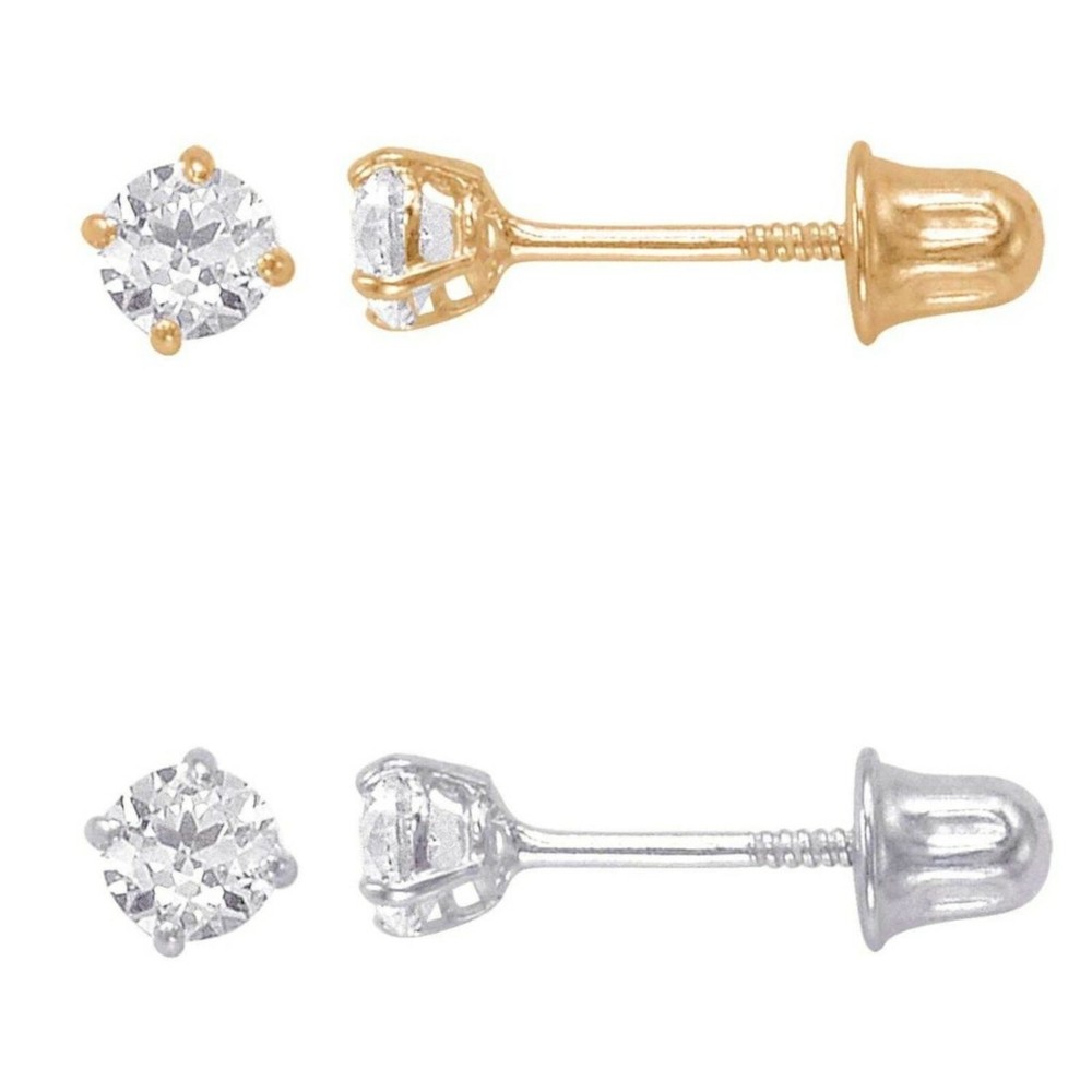 Genuine Diamond Tiny Stud Screw Back Earrings in Solid 14k Gold - AAA++