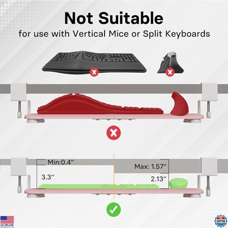 Under Desk Keyboard Tray Pull-Out Mouse Platform Ergonomic Space-Saving Pink