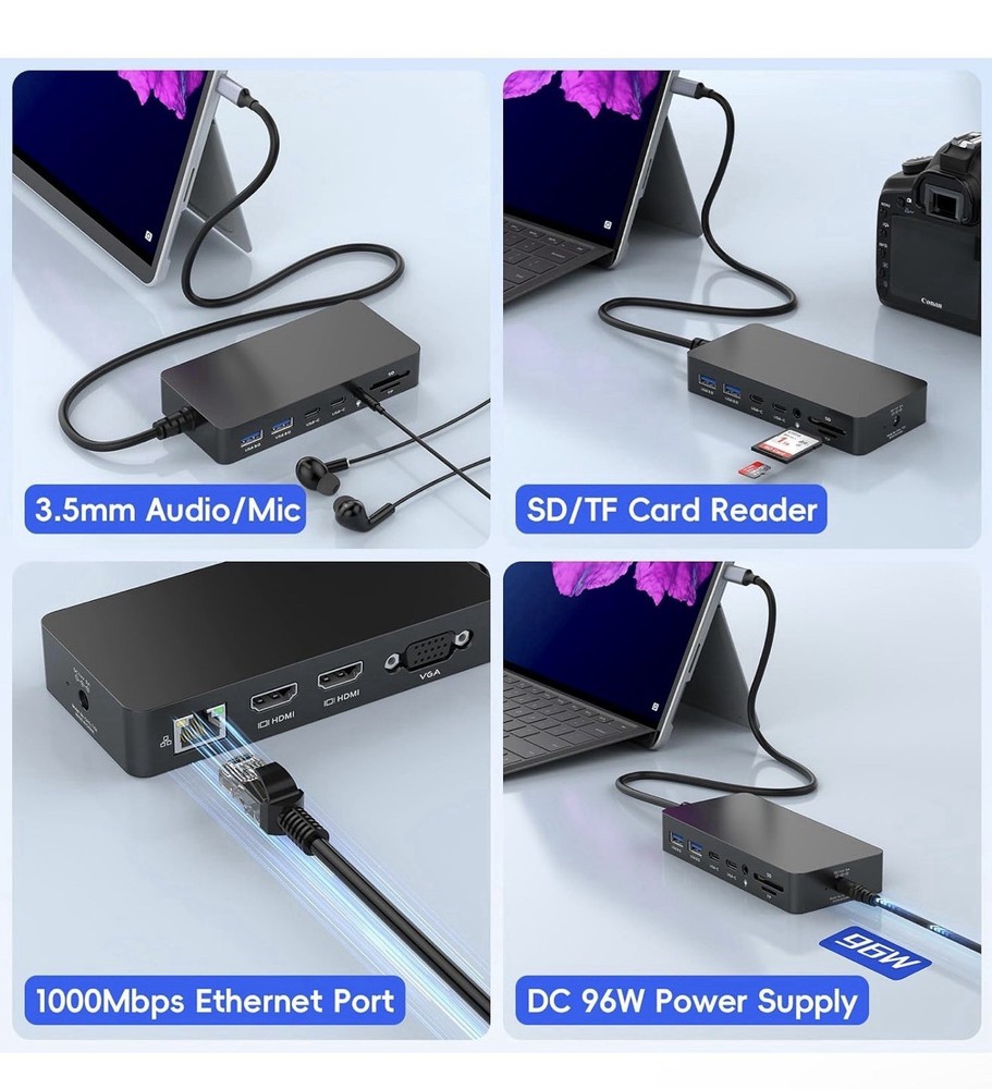 Surface Thunderbolt 4 Dock Triple Display 4K HDMI*2+VGA, 12 in 1 Docking