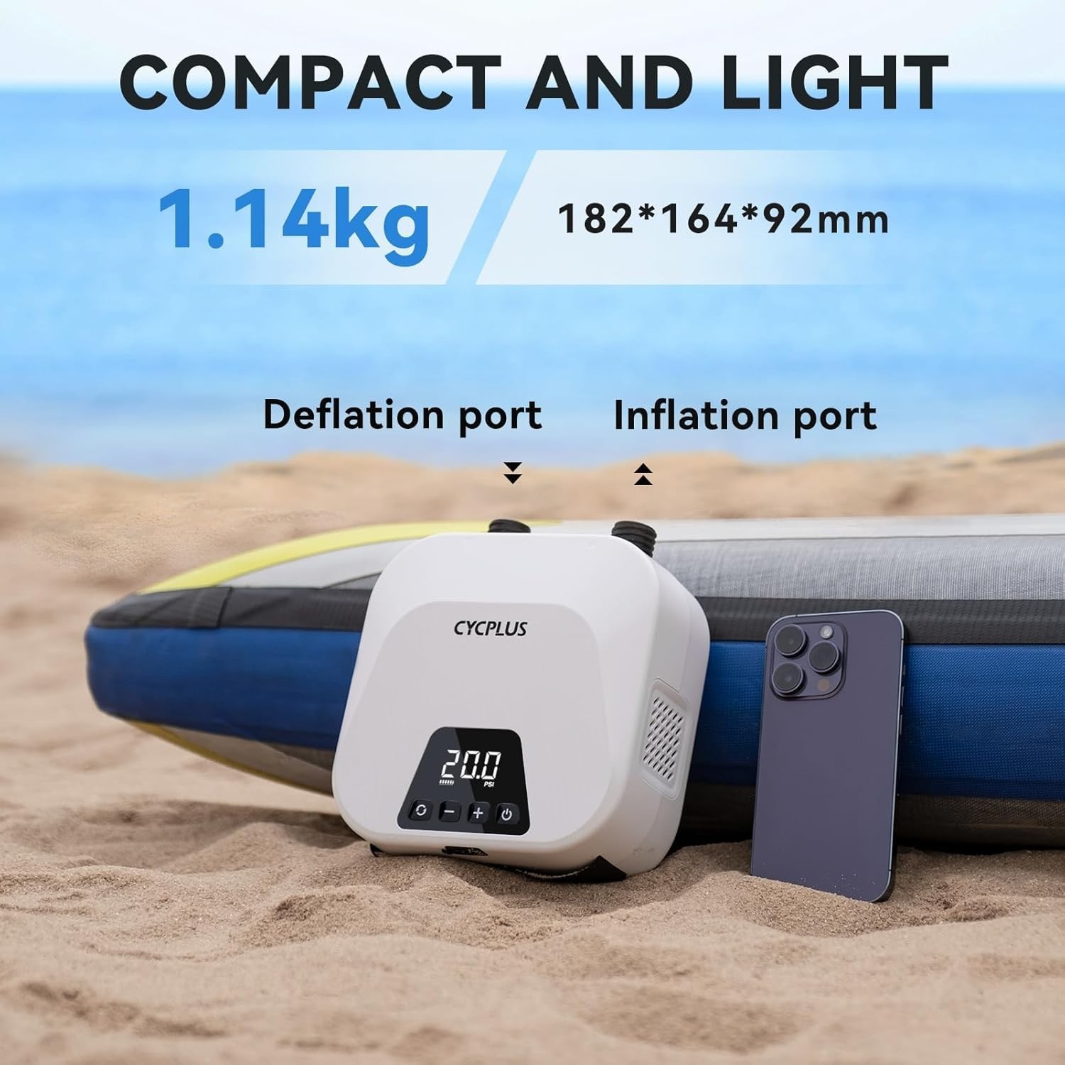 20PSI Rechargeable Electric SUP Air Pump | Inflator for Paddle Board, boat, tent
