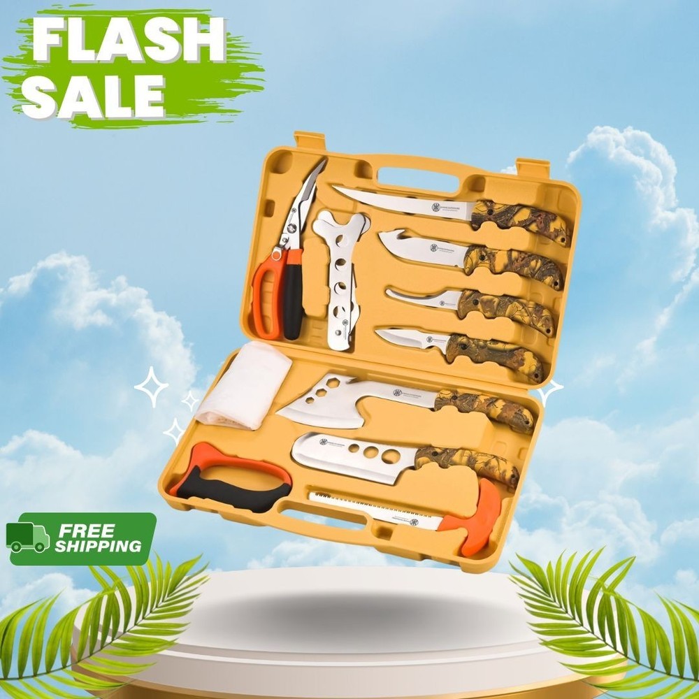 12-Piece Hunting Knife Set Field Dressing Game Processing Kit Yellow Handle