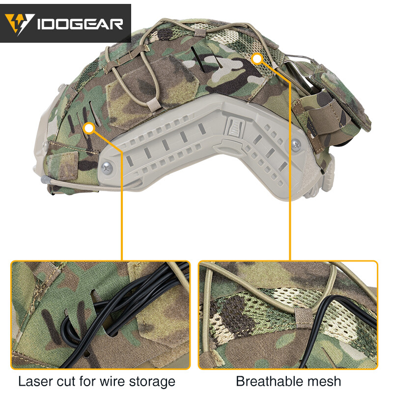IDOGEAR Tactical Helmet Cover For FAST Helmet NVG Battery Pouch Laser Cut Camo