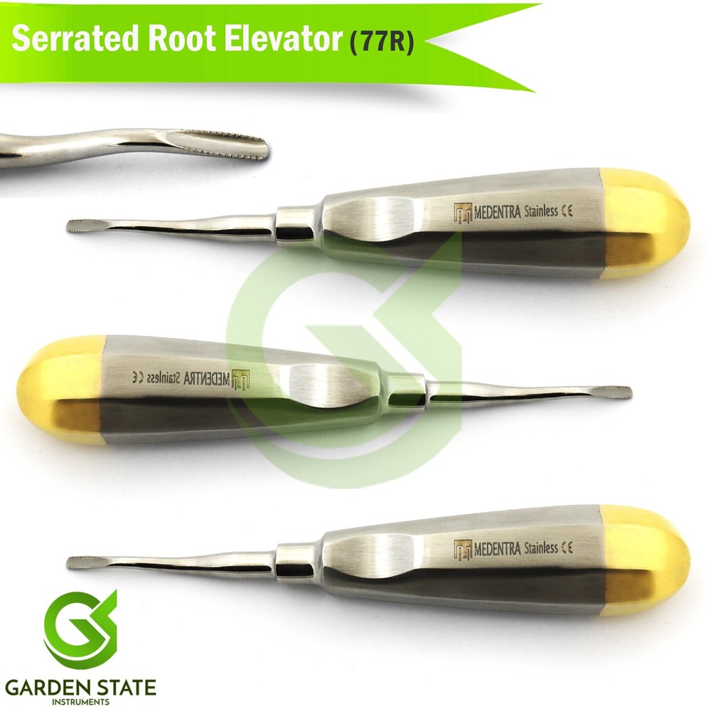3 PCS Serrated Root Elevators #77R Tooth Extraction Elevator Half Gold Handle