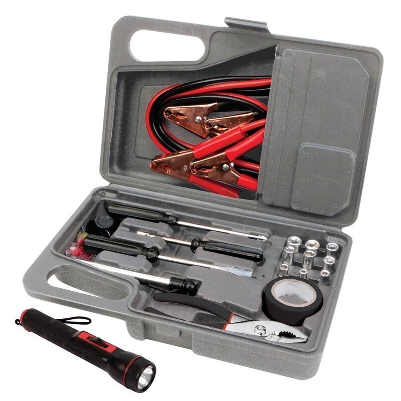 Roadside Emergency Tool Kit Jumper Cables Flashlight Tire Gauge Pliers Compact