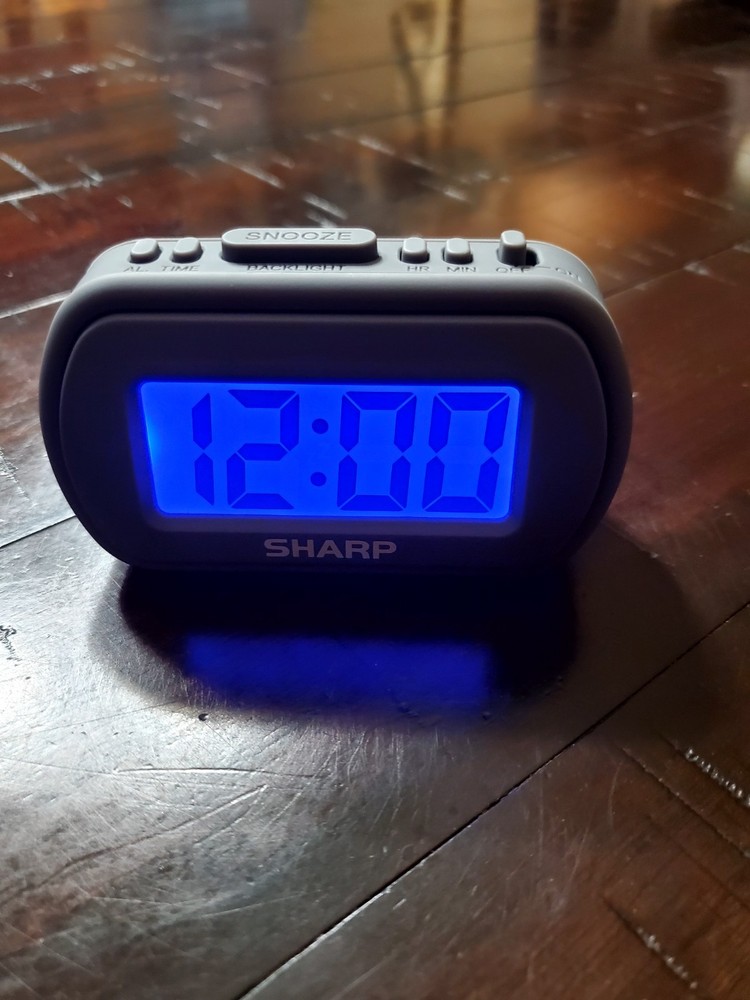Sharp Digital Alarm Clock With Blue LED Backlight Rubberized Case Battery Power