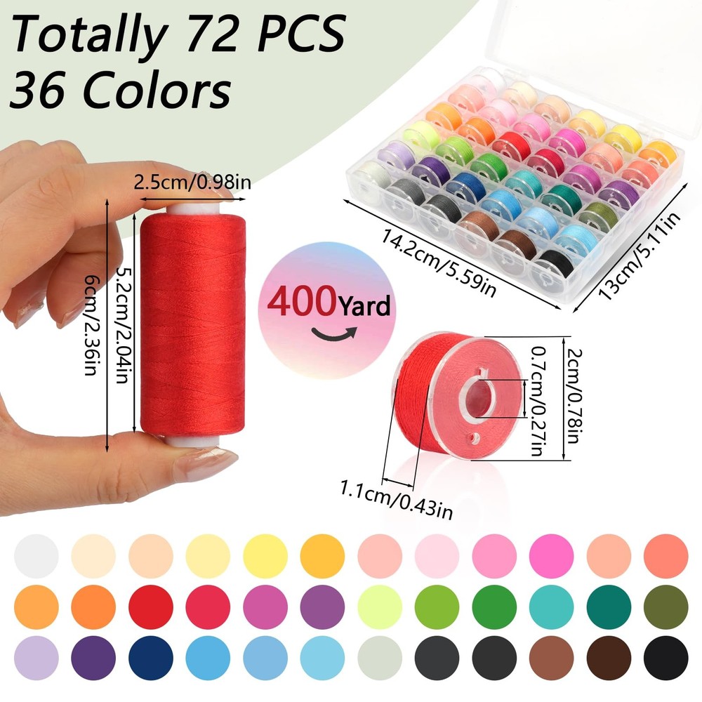 72 PCS Sewing Thread, Thread for Sewing Supplies, 36 Colors Polyester, 400 Ya...