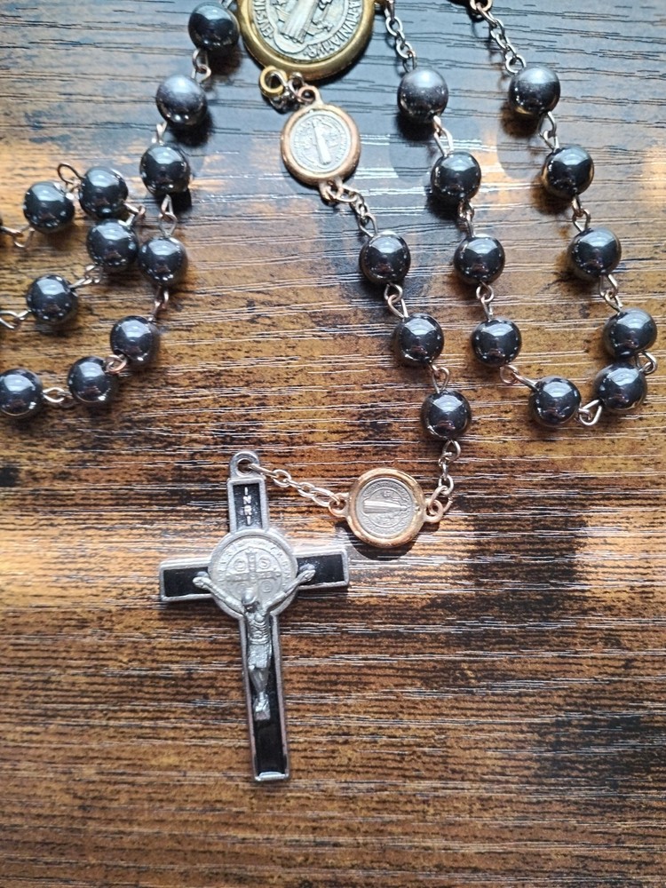 St Benedict Rosary Hematite Catholic Prayer Beads Mary