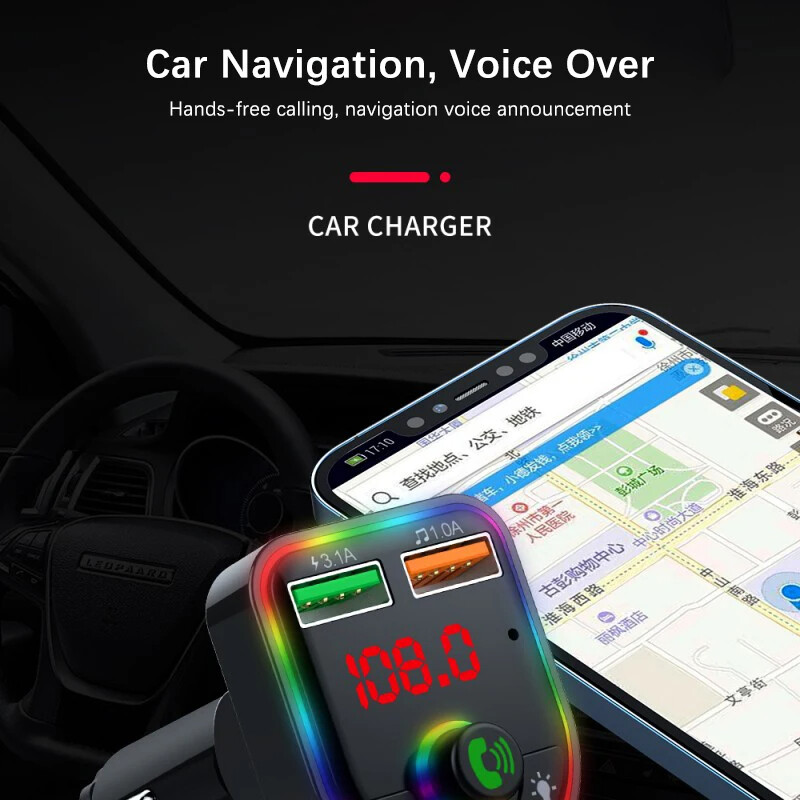 Car Bluetooth 5.3 FM Multifunction Adapter Dual USB Port Quick Charge Adapter