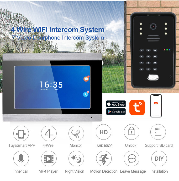 TUYA 7inch Video Intercom WIFI RFID Phone System Home Intercom APP Remote New