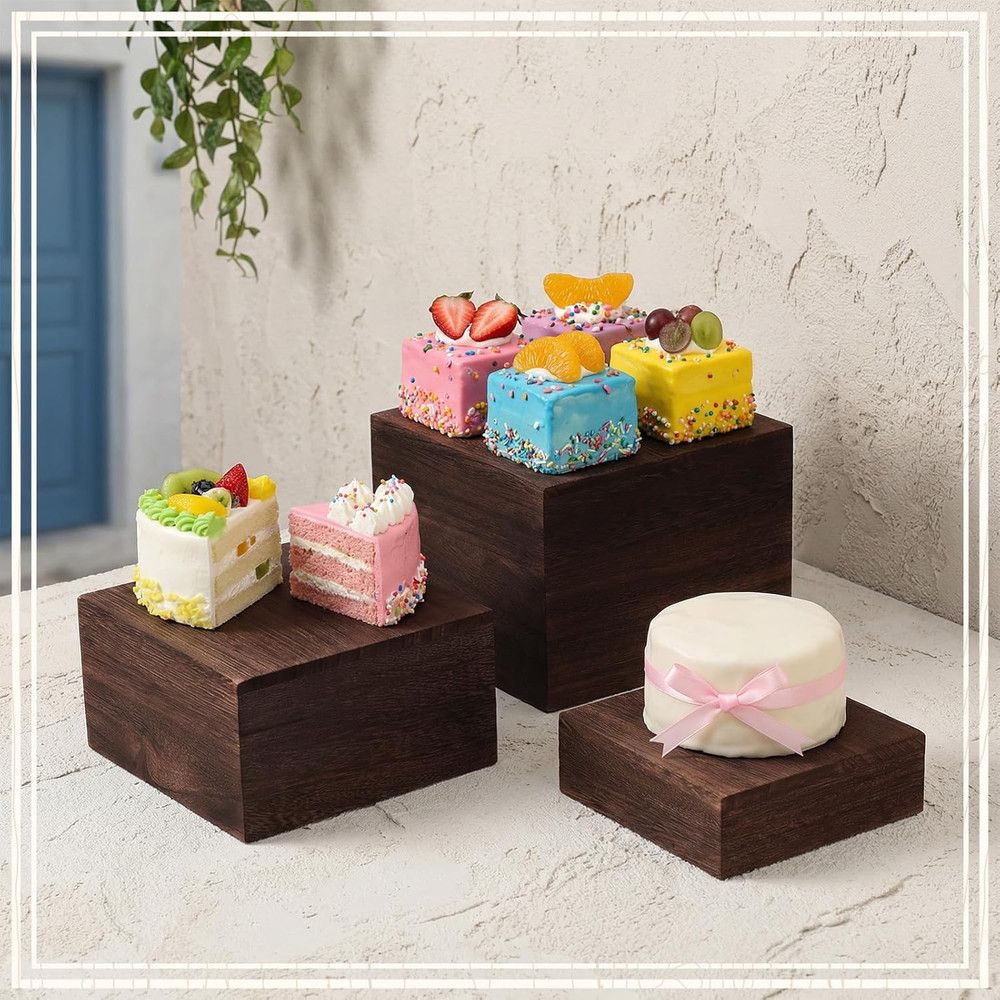 Wooden Display Risers Set - 6 Pcs Stackable Rustic Stands for Events and Decor