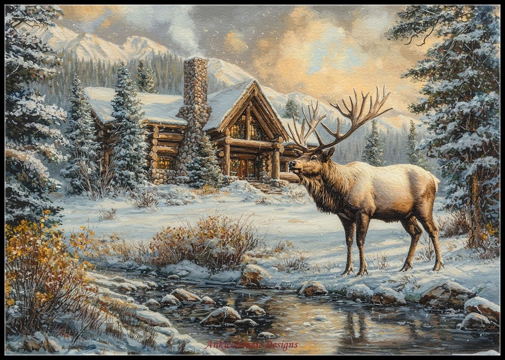 Elk Lodge - Chart Counted Cross Stitch Patterns Needlework DIY DMC Color 14 ct