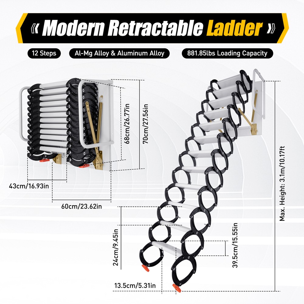 12 Steps Wall Mounted Folding Ladder Loft Stairs White Attic Steps Pull Down US