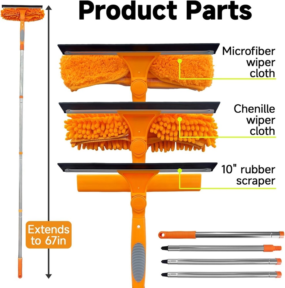67" Squeegee Window Cleaner 2 in 1 Rotatable Window Cleaning Tool Kit with Ex...
