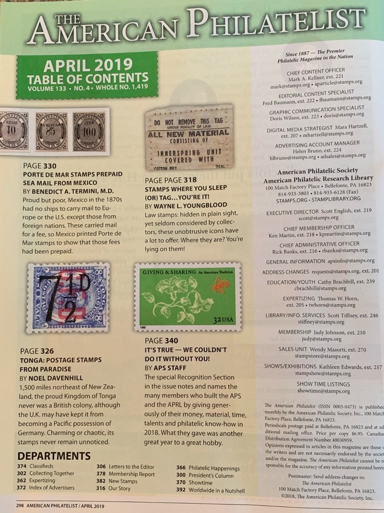 American Philatelist Magazine 2019, April