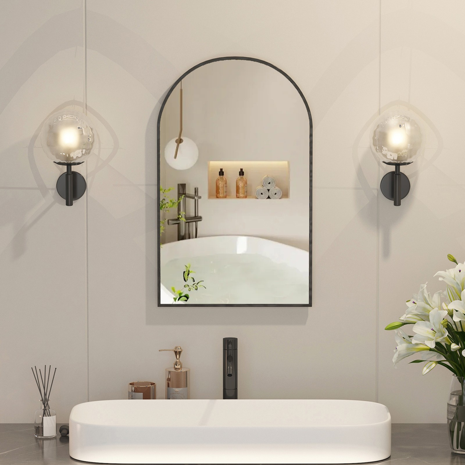 Black Arched Bathroom Medicine Cabinet With Mirror & Shelves,Right Open,Recessed