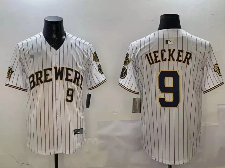 MEN Bob Uecker #9 All Stitched Jersey Navy, White, Cream