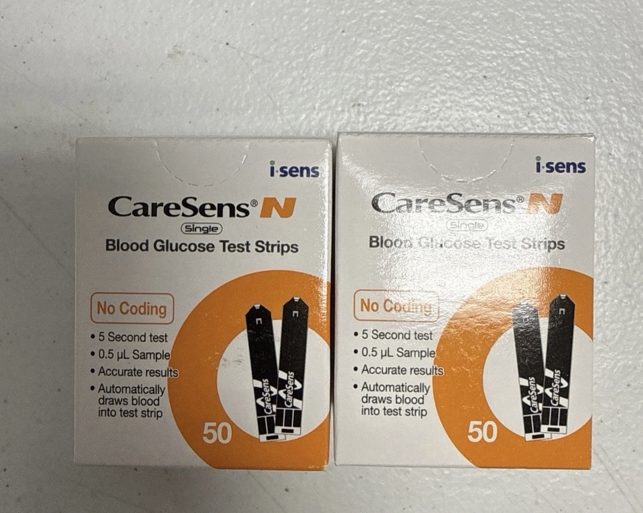 100 CARESENS N GLUCOSE TEST STRIPS,2 BOXES OF 50, EXP 5-27, SEALED BOXES